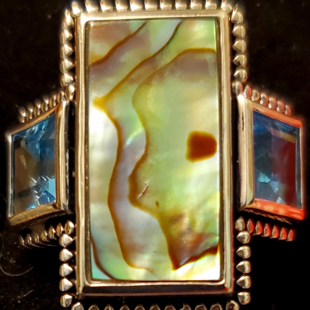 Abalone with Blue Topaz stone Sterling Silver ring size 7...... New in the box